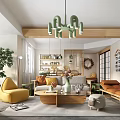 Modern Dining and Living Room Interior With Green Chandelier Sofa Yellow Chair And Coffee Table