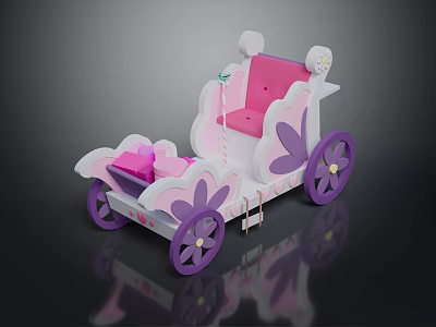 Kids Pink And White Toy Carriage With Purple Wheels And Floral Accents 3d model