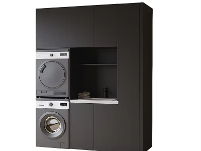 Built in Washing Machine and Dryer in Dark Cabinetry with Open Storage Shelf 3d model