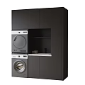 Built in Washing Machine and Dryer in Dark Cabinetry with Open Storage Shelf