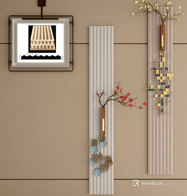 Stylish Wall Decor Featuring Framed Art Mirror Red Flower Branch And Geometric Patterns 3d model