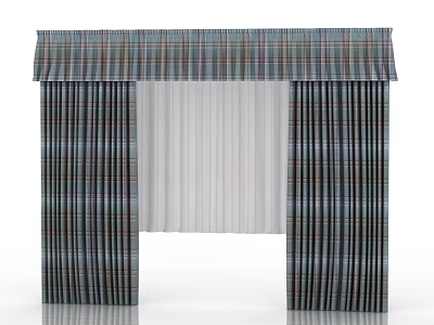 Plaid Pattern Window Curtains With Side Panels And White Inner Layer Design 3d model