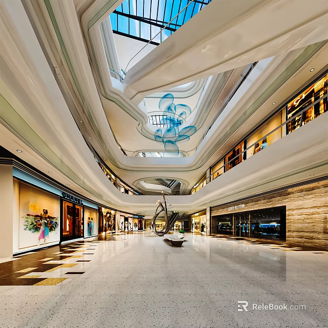 Elegant Modern Multi Level Shopping Mall Interior With Art Installation And Shops 3d model 