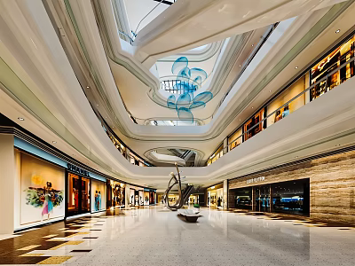 Elegant Modern Multi Level Shopping Mall Interior With Art Installation And Shops 3d model
