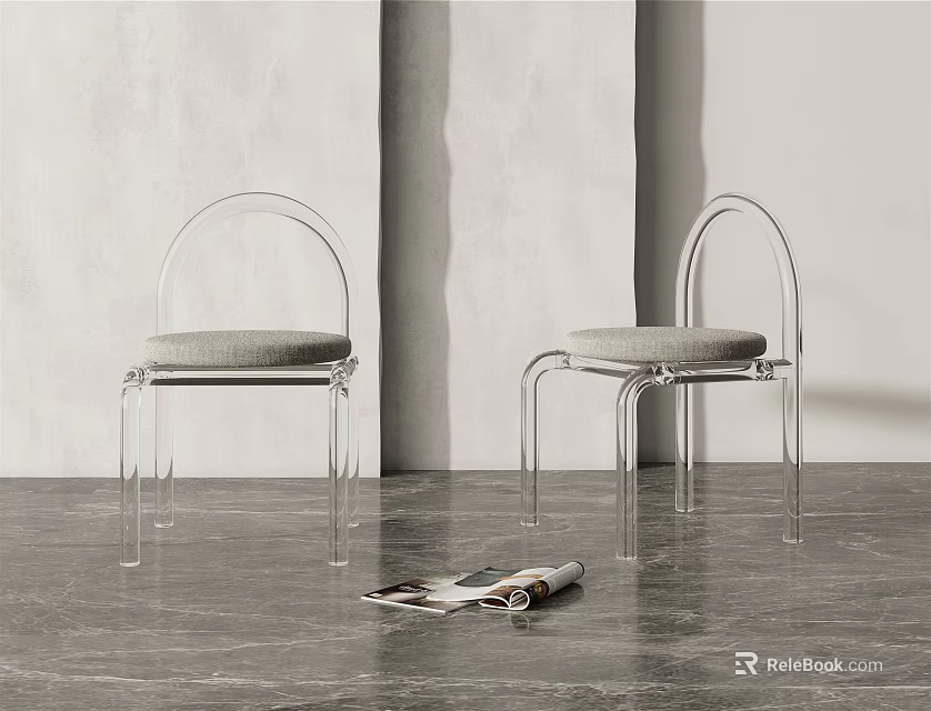 Modern Transparent Frame Leisure Chairs With Gray Cushion On Gray Floor Against Light Colored Wall 3d model 