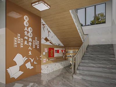 School Staircase Area With Cultural Wall Paper Plane Decorations And Wooden Ceiling 3d model