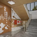 School Staircase Area With Cultural Wall Paper Plane Decorations And Wooden Ceiling