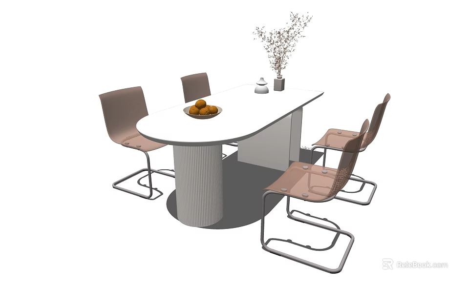 Modern Oval White Dining Table Set With Beige Chairs Metal Legs Fruit Plate And Vase 3d model 