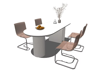 Modern Oval White Dining Table Set With Beige Chairs Metal Legs Fruit Plate And Vase 3d model