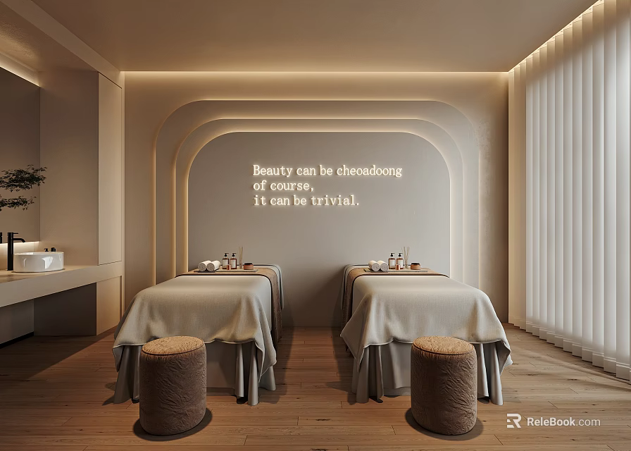 Elegant Beauty Salon Interior with Treatment Beds Soft Lighting and Wooden Floor 3d model 