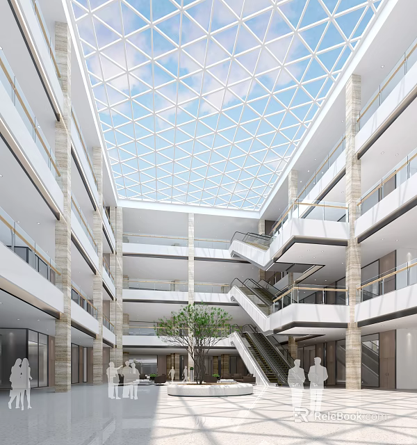 Modern Building Atrium With Glass Ceiling Multiple Floors Escalators Statues And Greenery 3d model