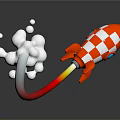 Red and White Checkered Rocket With Jet Flame And White Smoke On Black Background
