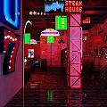 Neon Lights Bar Interior With Stage Tables And Chairs Red Lighting 3d model