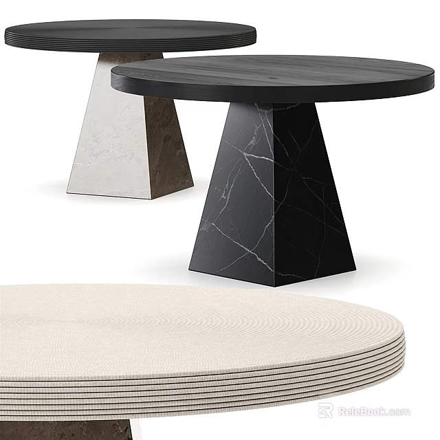 Modern Round Black Dining Table With Veined Marble Base And Stacked White Placemats 3d model