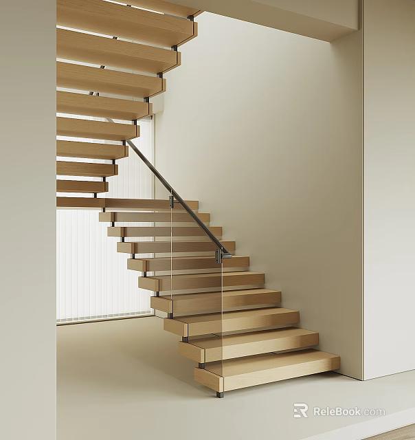 Elegant Wooden Staircase With Glass Railing Modern Minimalist Interior Design 3d model 