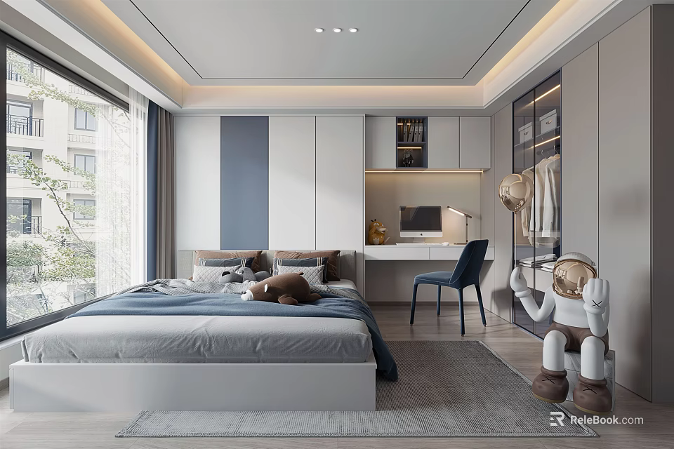 Modern Tatami Bedroom Interior With Platform Bed Desk Wardrobe And Natural Light 3d model 