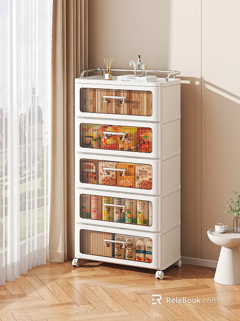 White Storage Cabinet With Multiple Transparent Drawers Organizing Food Items Indoors 3d model 