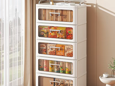 White Storage Cabinet With Multiple Transparent Drawers Organizing Food Items Indoors 3d model