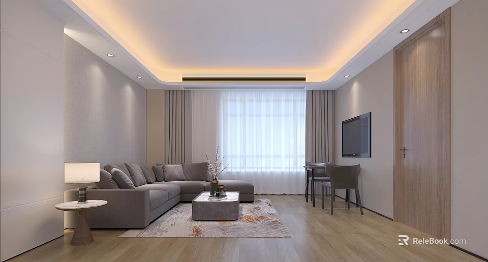 Modern Living Room Interior Design With Gray L Shaped Sofa Coffee Table Large Window And TV 3d model 