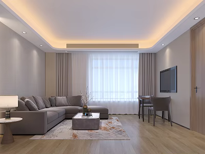 Modern Living Room Interior Design With Gray L Shaped Sofa Coffee Table Large Window And TV 3d model