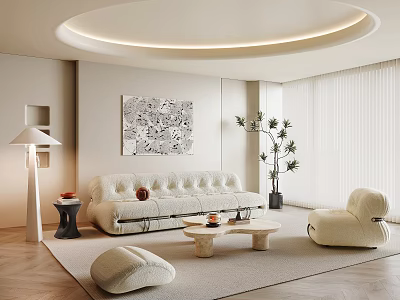 Modern Living Room Interior With Cream Sofa Coffee Table Round Ceiling Light And Decorative Painting 3d model