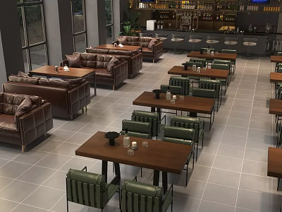 Modern Bar Interior Design With Wooden Tables Green Chairs And Open Layout 3d model
