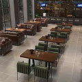 Modern Bar Interior Design With Wooden Tables Green Chairs And Open Layout