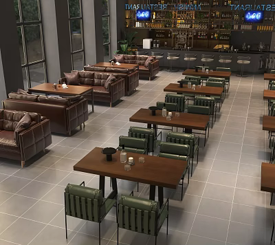 Modern Bar Interior Design With Wooden Tables Green Chairs And Open Layout 3d model