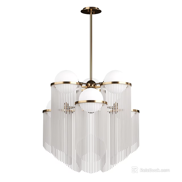 Elegant Modern Gold Chandelier with Hanging Glass Fringe Strips and Spherical Lampshades Design 3d model 