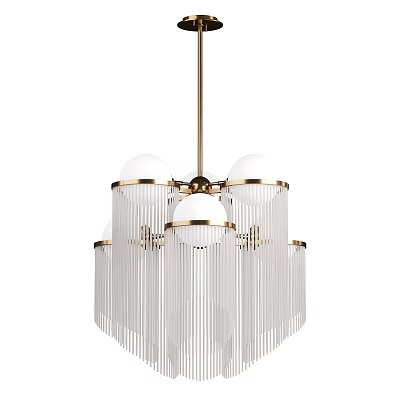 Elegant Modern Gold Chandelier with Hanging Glass Fringe Strips and Spherical Lampshades Design 3d model