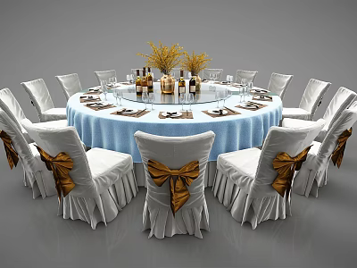 Elegant Round Dining Table Set With Blue Tablecloth White Chairs Gold Bows And Tableware 3d model