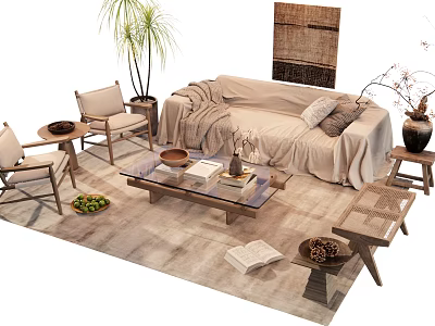 Sofa and Coffee Table Set with Accent Chairs Neutral Rug and Decorative Items 3d model