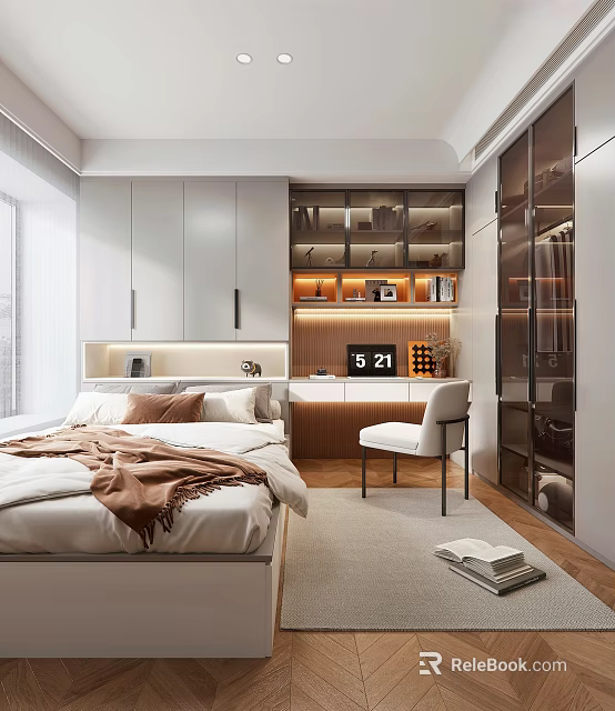 Modern Tatami Bedroom Interior Design With Built in Wardrobe Bookshelf Bed And Chair 3d model 