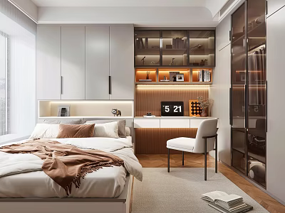 Modern Tatami Bedroom Interior Design With Built in Wardrobe Bookshelf Bed And Chair 3d model