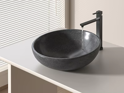 Modern Bathroom Black Stone Vessel Sink With Wall Mounted Faucet And White Blinds Background 3d model