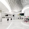 Modern White Showroom With Curved Design Arranged Laundry Machines And Geometric Ceiling