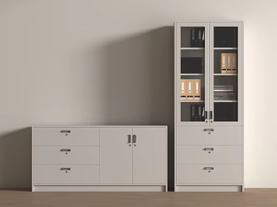 White Office Filing Cabinets With Drawers Glass Doors And Organized Folders 3d model