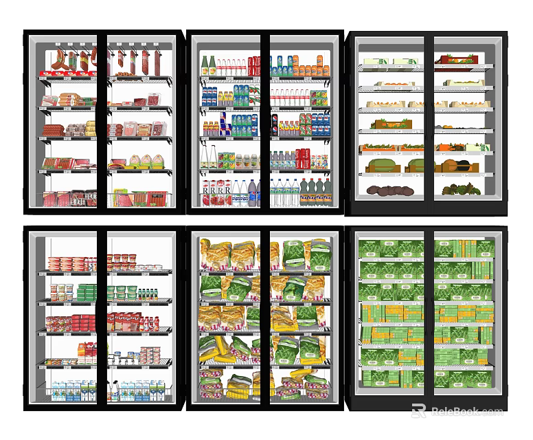 Commercial Refrigerators And Freezers With Organized Food Storage Shelves Displaying Various Items 3d model 