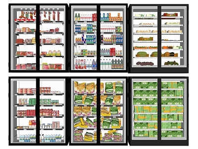 Commercial Refrigerators And Freezers With Organized Food Storage Shelves Displaying Various Items 3d model
