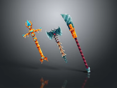 Colorful Decorative Fantasy Weapons With Ornate Staff Axe And Polearm Designs 3d model
