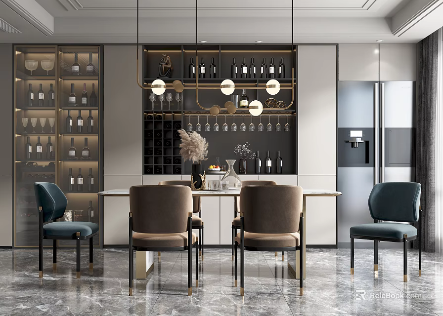 Elegant Modern Dining Table Set With Chairs Wine Cabinet And Pendant Lights 3d model