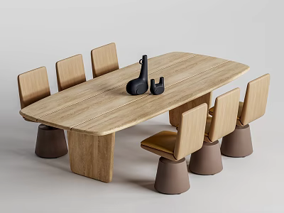 Wooden Oval Shaped Dining Table Set With Six Chairs Brown Legs And Decorative Items 3d model