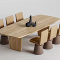Wooden Oval Shaped Dining Table Set With Six Chairs Brown Legs And Decorative Items