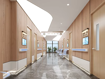 Spacious Elevator Hallway Interior With Wooden Walls Display Screens Seating Green Plants And Polished Tiles 3d model
