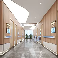 Spacious Elevator Hallway Interior With Wooden Walls Display Screens Seating Green Plants And Polished Tiles