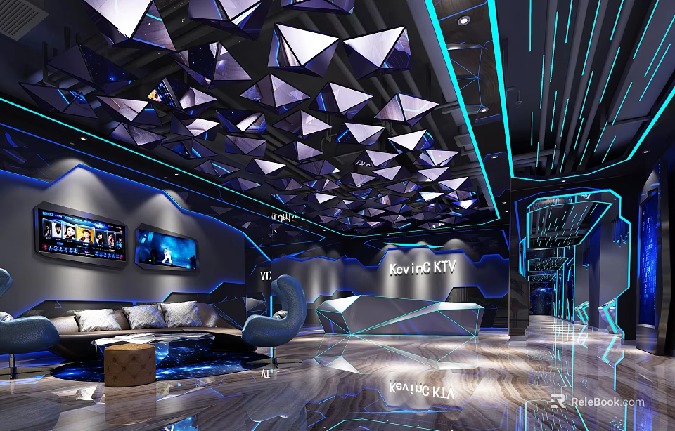Modern Hi-Tech KTV Interior With Blue Lighting Geometric Ceiling Sofas And Screens 3d model