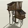 Two Story Elevated Wooden House with Wooden Log Walls Ladder Access and Dark Roof Design