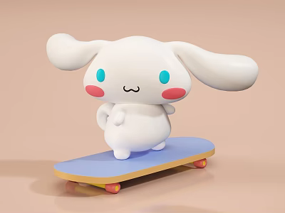 Adorable White Rabbit Plush Doll Standing On Blue Skateboard With Yellow Edge And Colorful Wheels 3d model