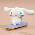Adorable White Rabbit Plush Doll Standing On Blue Skateboard With Yellow Edge And Colorful Wheels