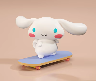 Adorable White Rabbit Plush Doll Standing On Blue Skateboard With Yellow Edge And Colorful Wheels 3d model